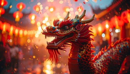 A vibrant close-up captures a decorated, regal dragon head amidst a festive celebration with glowing lanterns and firework effects