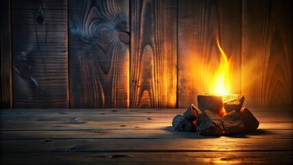 Embers Glowing on Rustic Wooden Surface with Warm Flame
