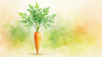 A single, vibrant carrot with lush green foliage stands tall against a soft watercolor backdrop of earthy tones