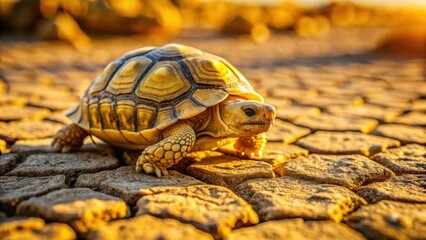 A small tortoise ambles across sun-drenched, cracked earth, its shell gleaming golden in the warm light.