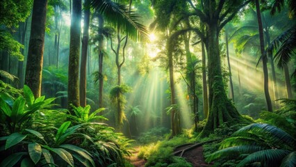 Lush Rainforest Path Illuminated by Sunbeams, Tranquil Green Canopy, Serene Atmosphere, Tropical Vegetation
