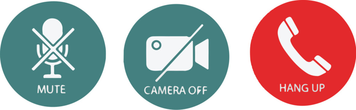 Mute Microphone Camera Off and Hang Up Icons for Video Conferencing