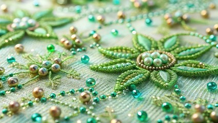 Intricate Beaded Floral Embroidery on Delicate Fabric Featuring Green and Gold Accents