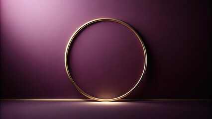 Elegant Golden Circle Frame Against a Deep Purple Wall Background, Ideal for Luxury Product Displays and Minimalist Designs