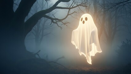 Eerie ghostly figure in a misty forest with bare trees at night