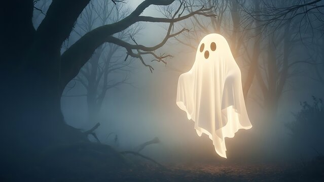 Eerie ghostly figure in a misty forest with bare trees at night