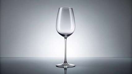 A single, elegant, empty wine glass sits on a reflective surface against a neutral backdrop, ready for its first pour, promising a moment of refined enjoyment.