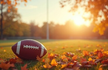 American football rests on grassy field scattered with fallen autumn leaves. Warm sunset light illuminates crisp fall foliage and sports equipment on the pitch. Game day approaching.