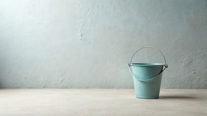 A light teal pail sits on a neutral colored surface against a textured wall background