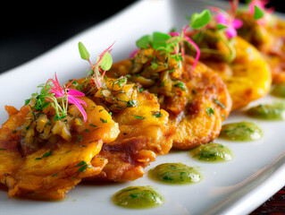 Photography of a plate of patacones, a typical Caribbean recipe presented in an elegant way.