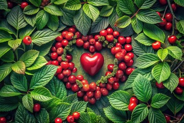 A vibrant heart formed from a cluster of ripe red berries nestled amongst lush green foliage, symbolizing nature's love and abundance.