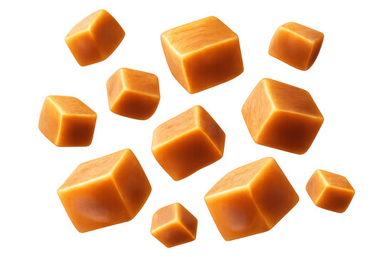 Flying caramel cubes creating a sweet falling motion with brown candy pieces, delicious soft toffee food