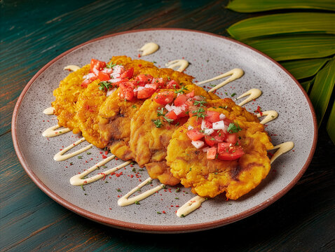 Traditional dish of patacones with elegant restaurant presentation.