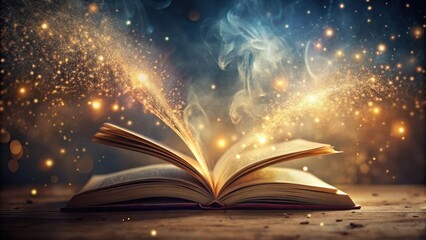An Open Book Radiating Enchanting Golden Dust and Mystical Smoke on a Wooden Surface