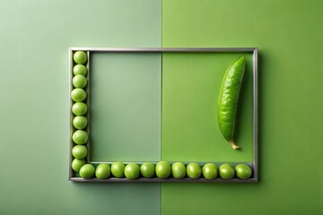 A vibrant still life featuring a metal frame encompassing peas and a single pea pod on a dual-toned green background