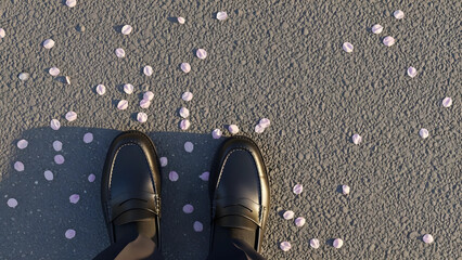 桜の花びらが散る地面に立つローファーの足元背景。卒業や入学、新生活のイメージ。コピースペースあり。