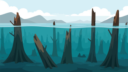 Vector illustration of a mysterious submerged forest with dead tree trunks underwater, clearly visible roots, distant mountains and a soft, serene