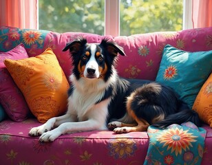 Dog relaxes on colorful sofa. Pet rests on couch surrounded by bright cushions. Animal rests comfortably indoors near window. Cozy home scene with canine.
