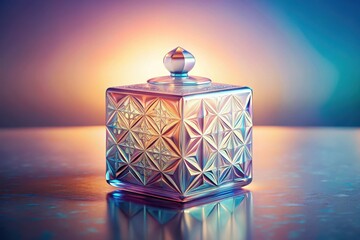 An iridescent, multifaceted glass container with a detailed geometric pattern, sitting on a reflective surface under warm and cool lighting