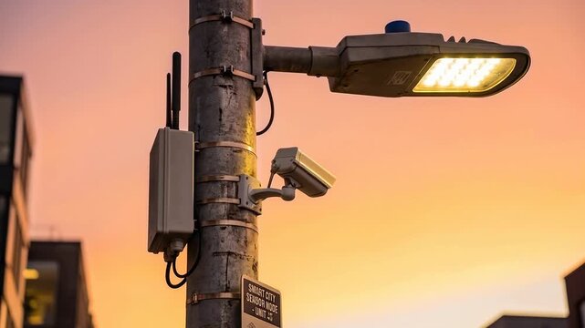 Smart city streetlight pole with edge computing sensor and enterprise security camera at sunset glowing colorful sky urban technology innovation