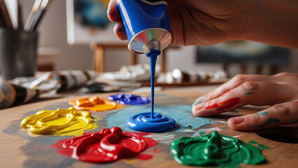 Artist pouring acrylic into palette, painting process background with acrylic pouring technique, liquid paint texture for art studio workflow, design template, blog illustration