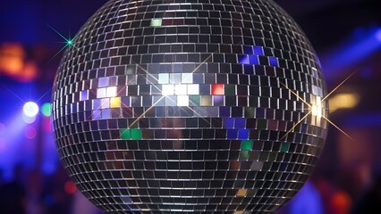 Shiny Silver Disco Ball Reflecting Colorful Lights
