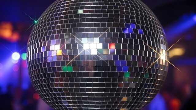 Shiny Silver Disco Ball Reflecting Colorful Lights