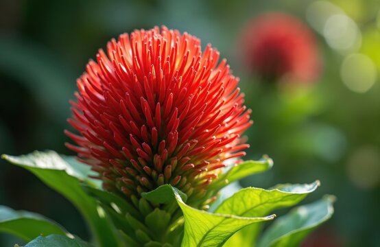 Close up of vibrant red cockscomb flower with green leaves. Blooming celosia in tropical garden with soft bokeh background. Natural beauty of flora.