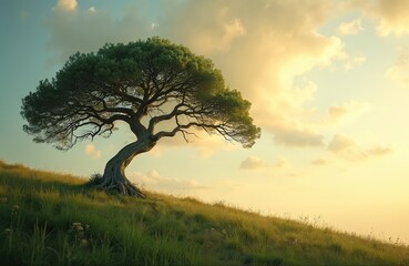 Obraz premium Lone tree with green leaves grows on grassy hill. Curved branches reach toward golden sky with clouds. Peaceful nature scene at sunset or sunrise.