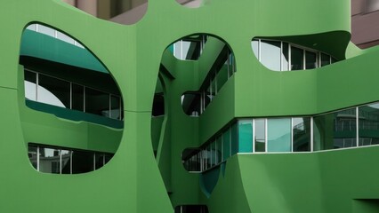 A green and white building with a unique architectural design, featuring large, irregularly shaped windows and a curved facade.