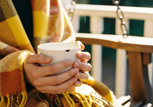 Taza de caf&eacute; caliente en manos con manta