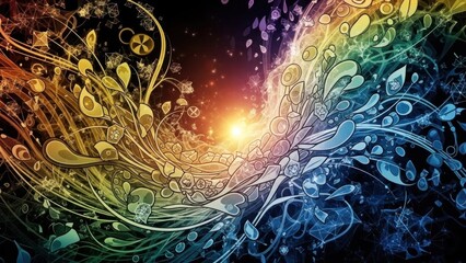 A vibrant, abstract digital artwork featuring a rainbow-colored, swirling pattern with floral elements against a dark, starry background.