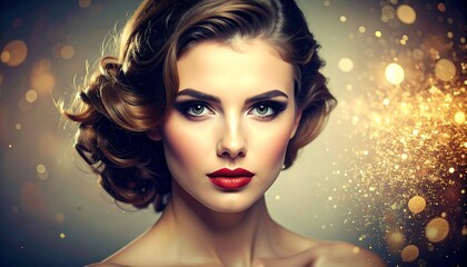 Portrait of a woman with styled brown hair and bold makeup. Golden bokeh sparkles in the background, adding glamour