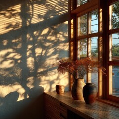 Sunlit interior scene; shadows on wall, vase flowers, window view