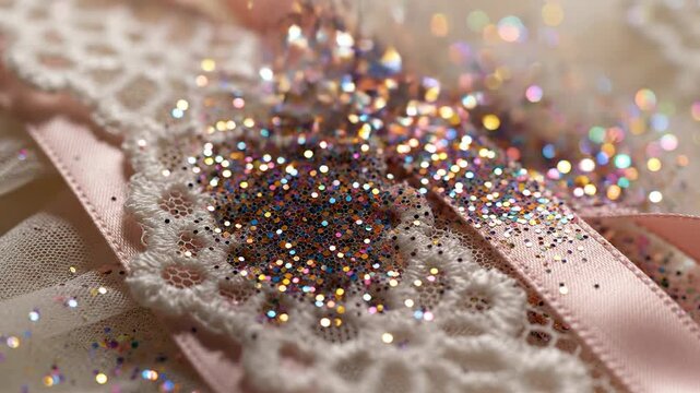 Glitter pouring onto pink ribbon and white lace fabric
