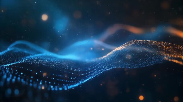 Glowing blue and orange digital wave particles on dark background with bokeh lights