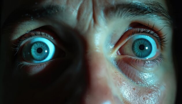 Extreme close up of terrified human eyes wide open with dilated pupils showing shock and panic. Sweat glistens on forehead in dim blue light. Person looks horrified.
