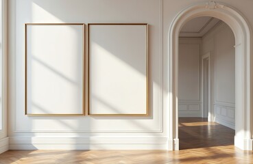 Fototapeta premium Brightly lit interior room with two blank gold framed pictures on white wall. Sunlight streams through window casting shadows onto polished wood floor. Elegant archway leads to another spacious room.
