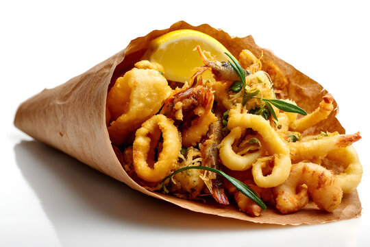Vibrant and Appetizing Cuoppo with Fried Seafood and Lemon in Crispy Paper Cone