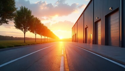 Modern industrial warehouse exterior side with closed metal shutter doors. Road and line of trees lead to bright sunset horizon. Empty concrete pavement path.