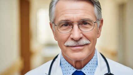 A senior doctor with a stethoscope smiling