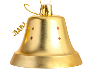 Shiny gold bell ornament with red accents on ribbon