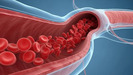 A medical illustration of red blood cells flowing through a blood vessel