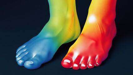A pair of rainbow-colored feet on a dark background