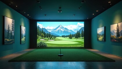Indoor golf simulator displays mountain course. Realistic golf game simulation with large screen indoors. Modern entertainment room for golfers.