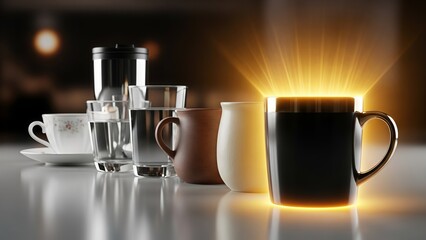A collection of coffee cups and glasses on a table with warm lighting