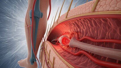 A medical illustration of a human leg with a bone fracture and inflammation