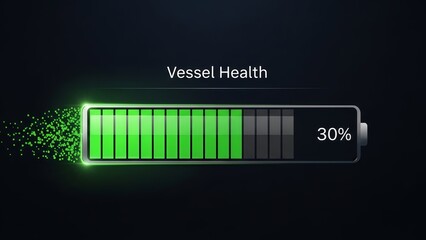 A digital battery icon displaying vessel health with 30 percent charge