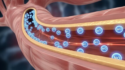 A medical illustration of a blood vessel with nitric oxide molecules