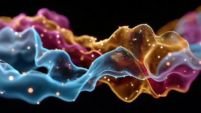 Abstract Fluid Dynamics: A vibrant, abstract composition of flowing, translucent forms in shades of blue, gold, and pink, interspersed with glowing particles.